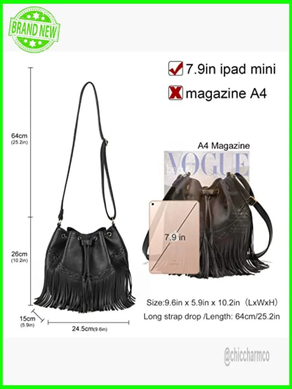 Large Vegan Leather Bucket Bag Crossbody Shoulder Hobo with Tassel Drawstring